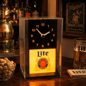 Vintage Miller Lite Beer Lighted Cube Clock A Fine Pilsner Bar Sign Works 9"
